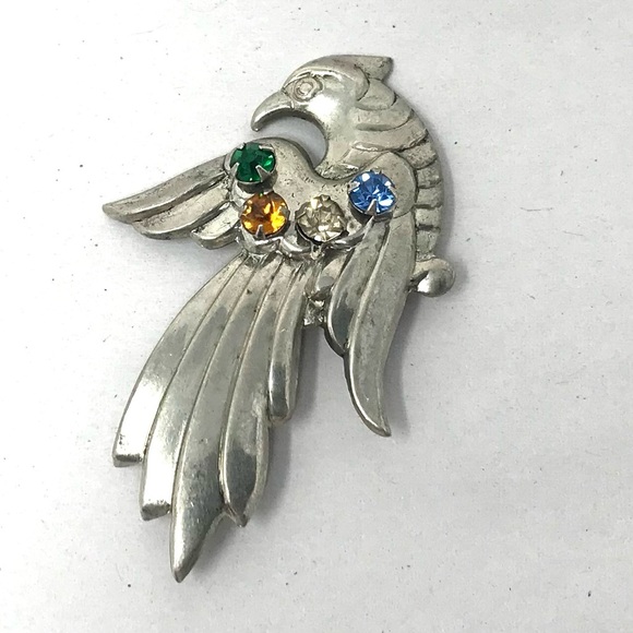 VTG Sterling Silver Brooch Phoenix Crested Bird Colorful Rhinestones Mid Century - Picture 1 of 9